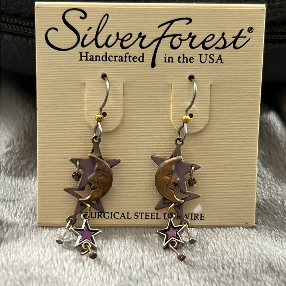 Gold moon light purple star earrings by Silver Forest